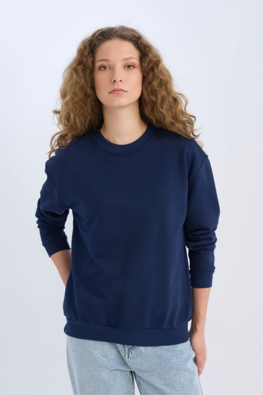 Kadın Lacivert Oversize Geniş Kalıp Bisiklet Yaka Basic Düz Kalın Sweatshirt