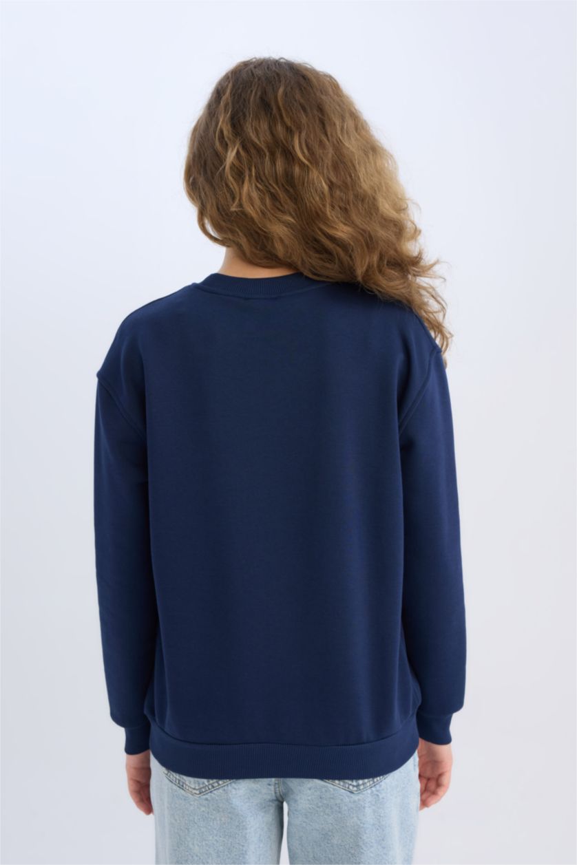 Kadın Lacivert Oversize Geniş Kalıp Bisiklet Yaka Basic Düz Kalın Sweatshirt