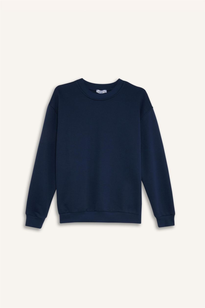 Kadın Lacivert Oversize Geniş Kalıp Bisiklet Yaka Basic Düz Kalın Sweatshirt
