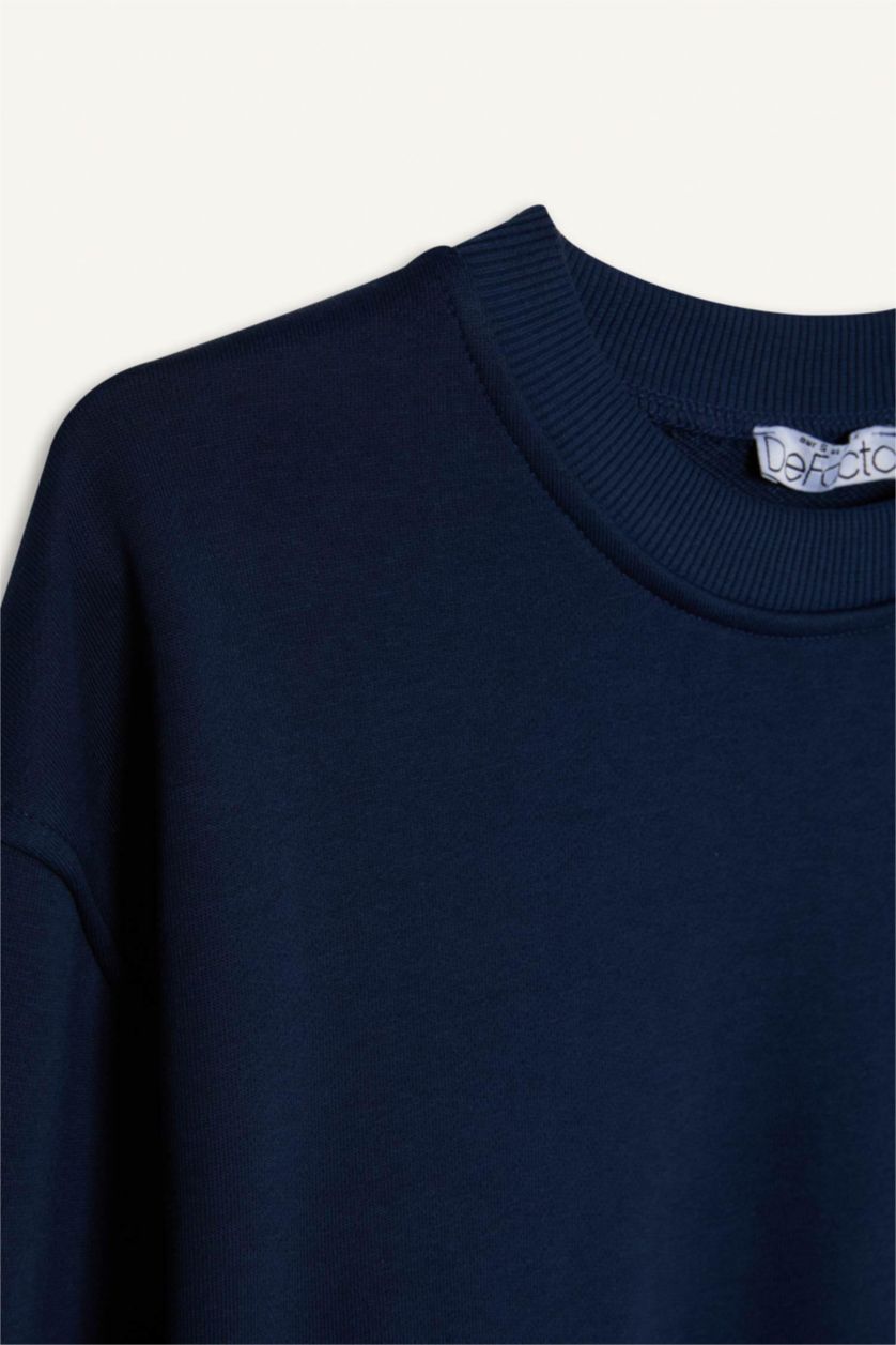 Kadın Lacivert Oversize Geniş Kalıp Bisiklet Yaka Basic Düz Kalın Sweatshirt