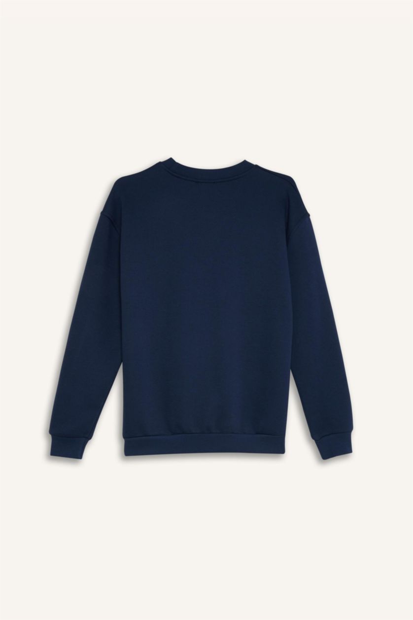 Kadın Lacivert Oversize Geniş Kalıp Bisiklet Yaka Basic Düz Kalın Sweatshirt