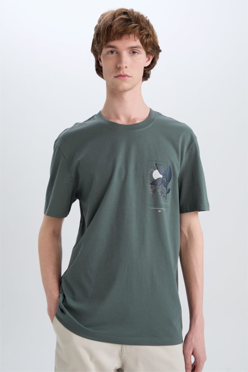 HOMME Vert T-shirt imprimé en coton à col rond Coupe régulière