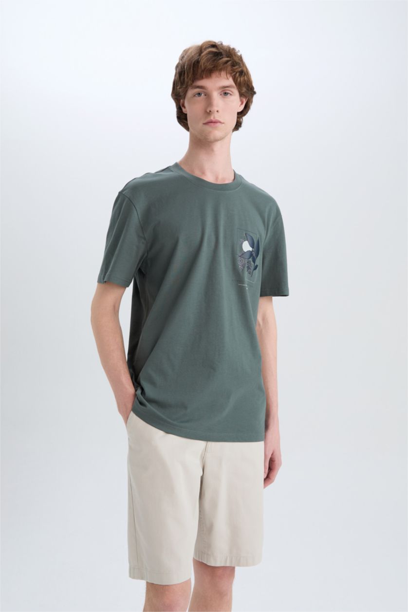HOMME Vert T-shirt imprimé en coton à col rond Coupe régulière