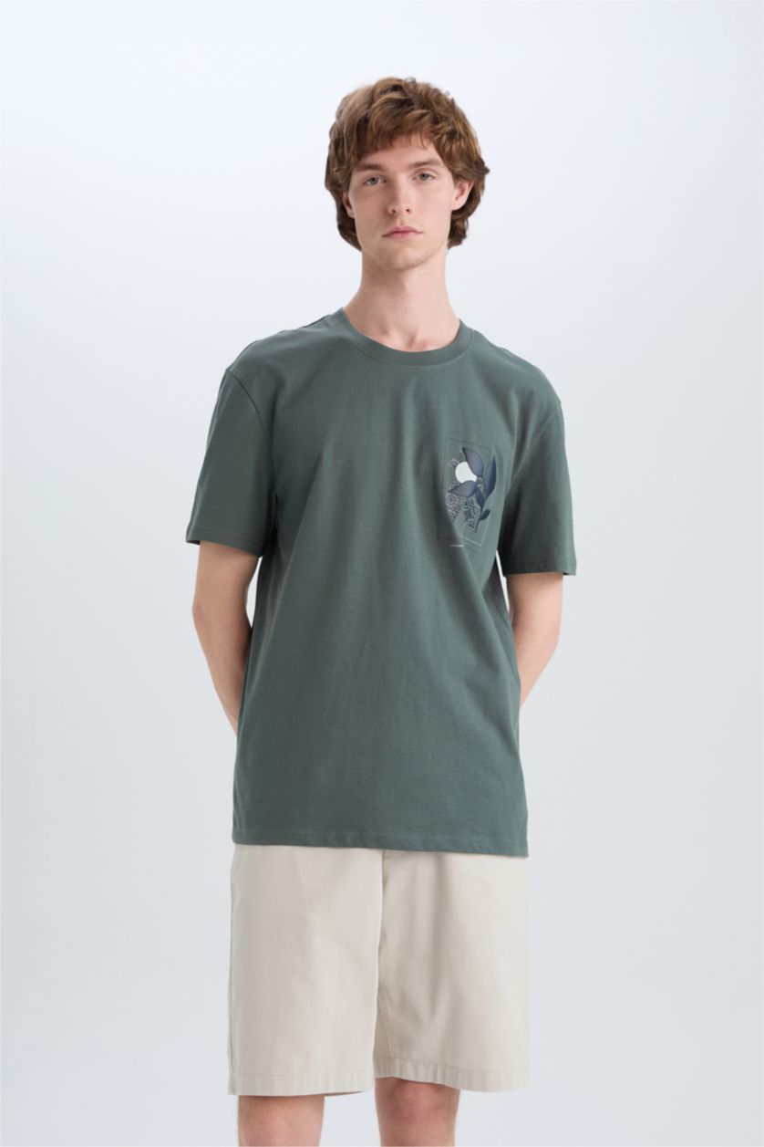 HOMME Vert T-shirt imprimé en coton à col rond Coupe régulière