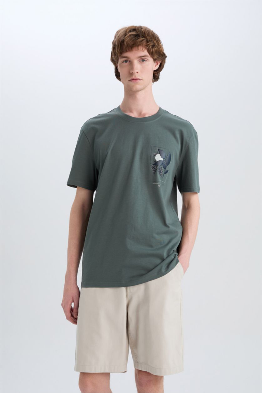 HOMME Vert T-shirt imprimé en coton à col rond Coupe régulière