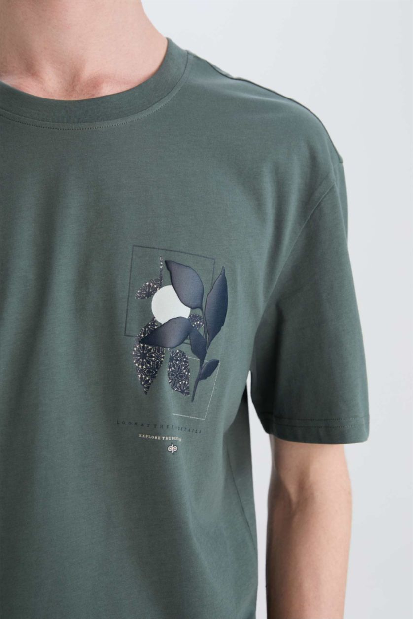 HOMME Vert T-shirt imprimé en coton à col rond Coupe régulière