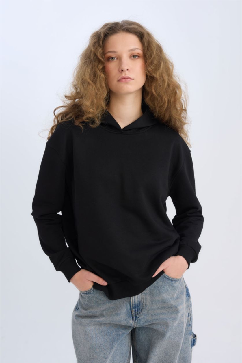 Kadın Siyah Loose Fit Kapüşonlu Basic Düz Kalın Sweatshirt
