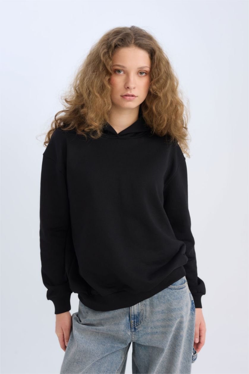 Kadın Siyah Loose Fit Kapüşonlu Basic Düz Kalın Sweatshirt