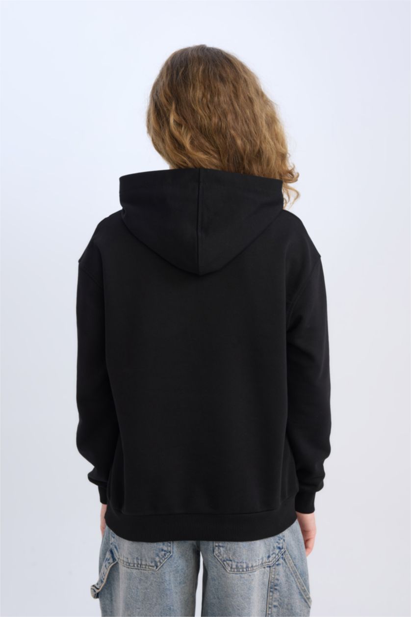 Kadın Siyah Loose Fit Kapüşonlu Basic Düz Kalın Sweatshirt