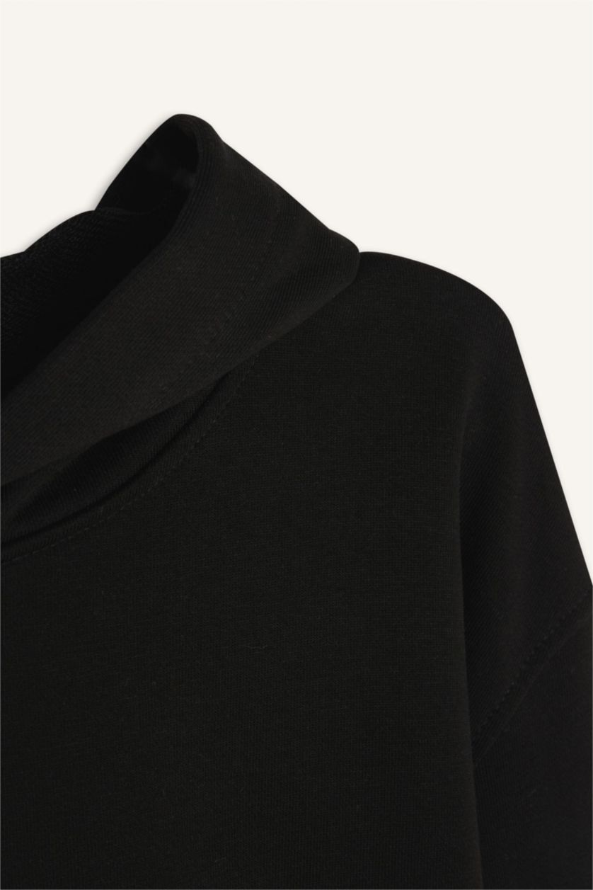 Kadın Siyah Loose Fit Kapüşonlu Basic Düz Kalın Sweatshirt