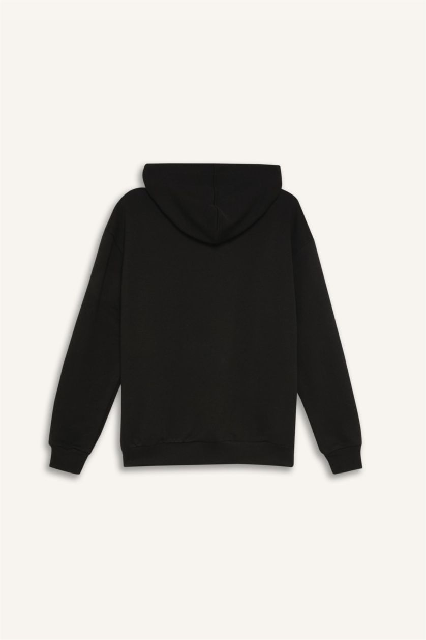Kadın Siyah Loose Fit Kapüşonlu Basic Düz Kalın Sweatshirt