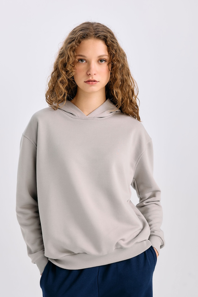 Kadın Gri Melanj Loose Fit Kapüşonlu Basıc Kalın Kumaş Sweatshirt