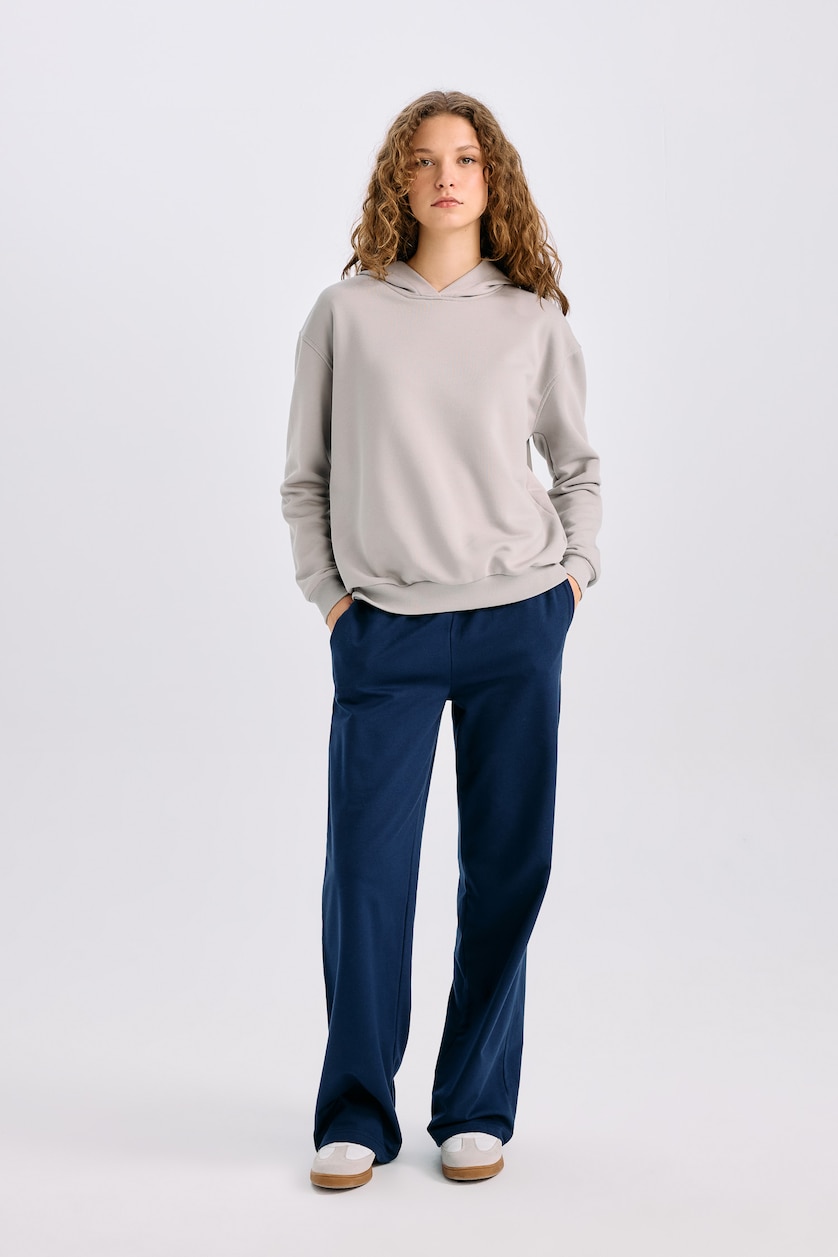 Kadın Gri Melanj Loose Fit Kapüşonlu Basıc Kalın Kumaş Sweatshirt