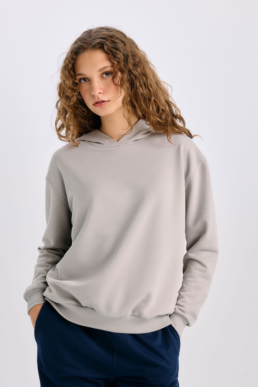 Kadın Gri Melanj Loose Fit Kapüşonlu Basıc Kalın Kumaş Sweatshirt