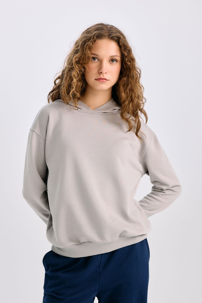 Kadın Gri Melanj Loose Fit Kapüşonlu Basıc Kalın Kumaş Sweatshirt