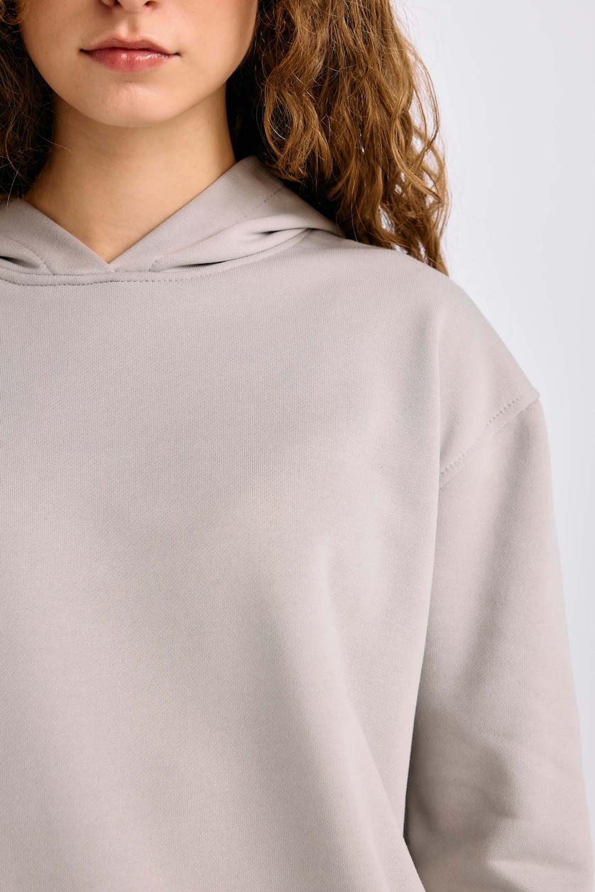 Kadın Gri Melanj Loose Fit Kapüşonlu Basıc Kalın Kumaş Sweatshirt