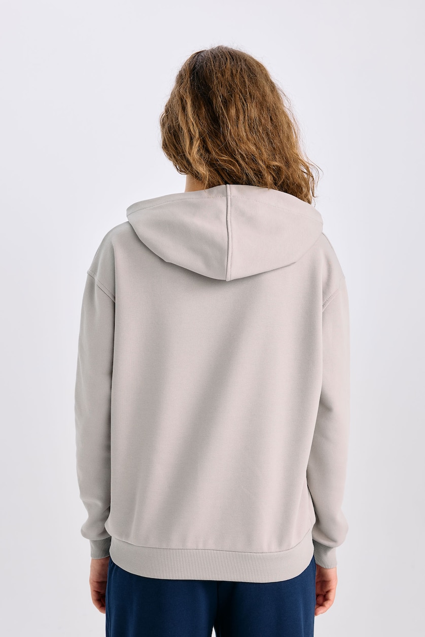 Kadın Gri Melanj Loose Fit Kapüşonlu Basıc Kalın Kumaş Sweatshirt