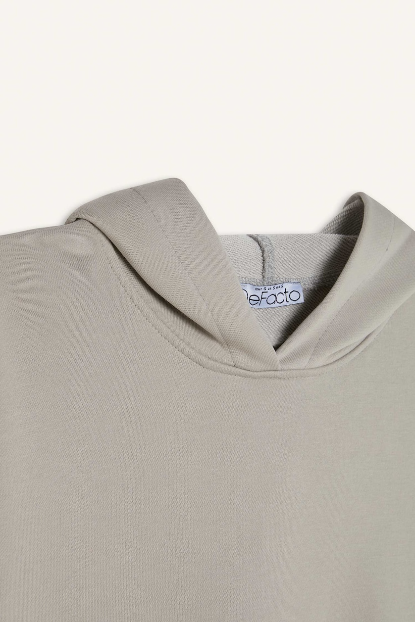 Kadın Gri Melanj Loose Fit Kapüşonlu Basıc Kalın Kumaş Sweatshirt