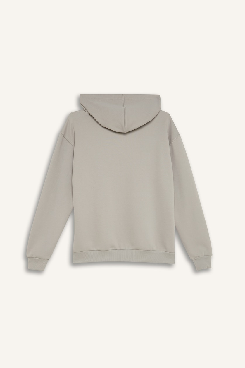 Kadın Gri Melanj Loose Fit Kapüşonlu Basıc Kalın Kumaş Sweatshirt