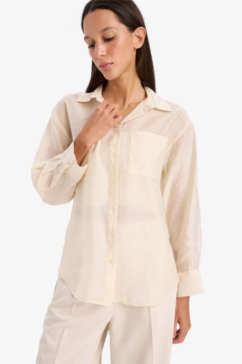 Kadın Kum Oversize Geniş Kalıp Basic Düz Modal Uzun Kollu Gömlek