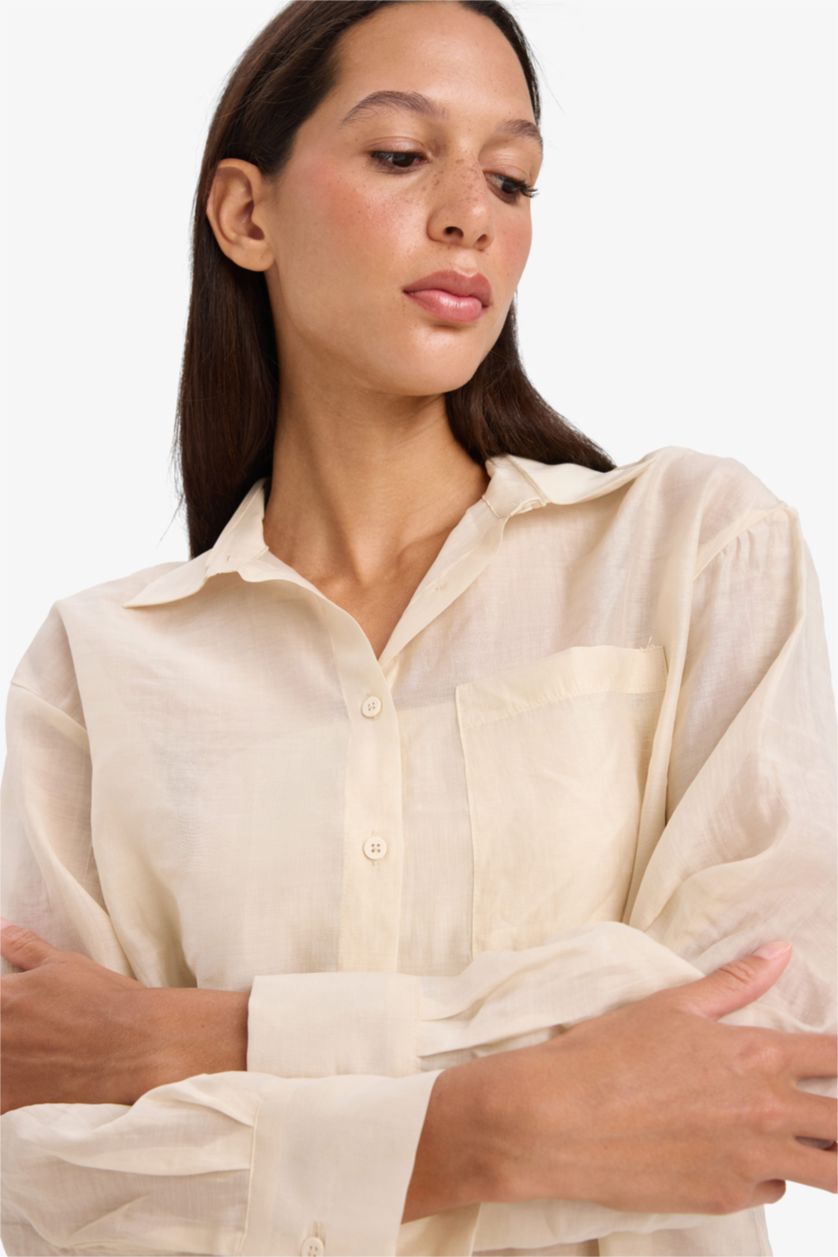 Kadın Kum Oversize Geniş Kalıp Basic Düz Modal Uzun Kollu Gömlek