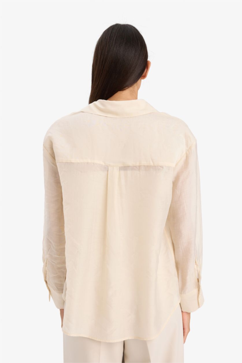 Kadın Kum Oversize Geniş Kalıp Basic Düz Modal Uzun Kollu Gömlek