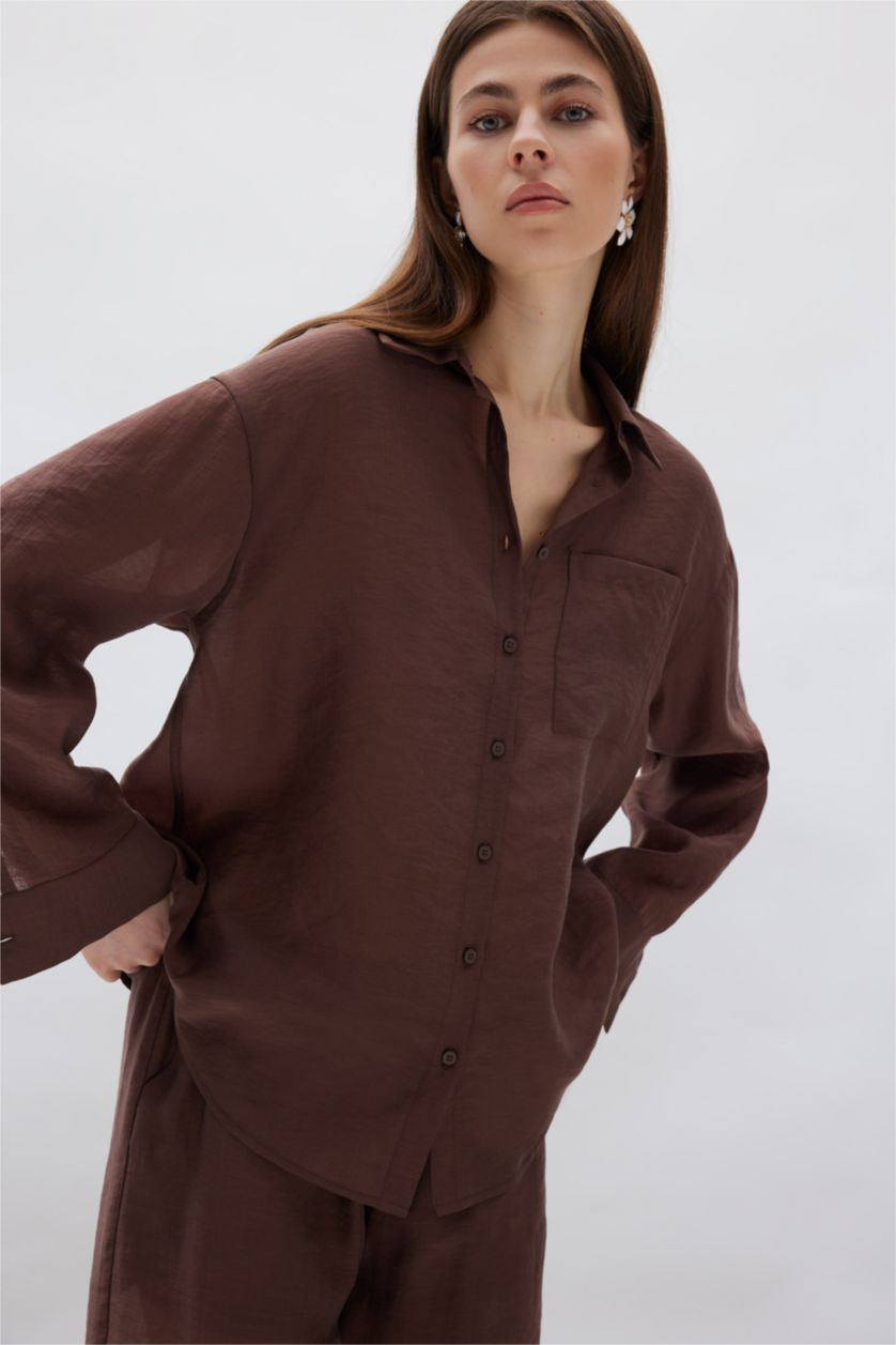 Kadın Kahve Oversize Geniş Kalıp Cepli Modal Uzun Kollu Gömlek