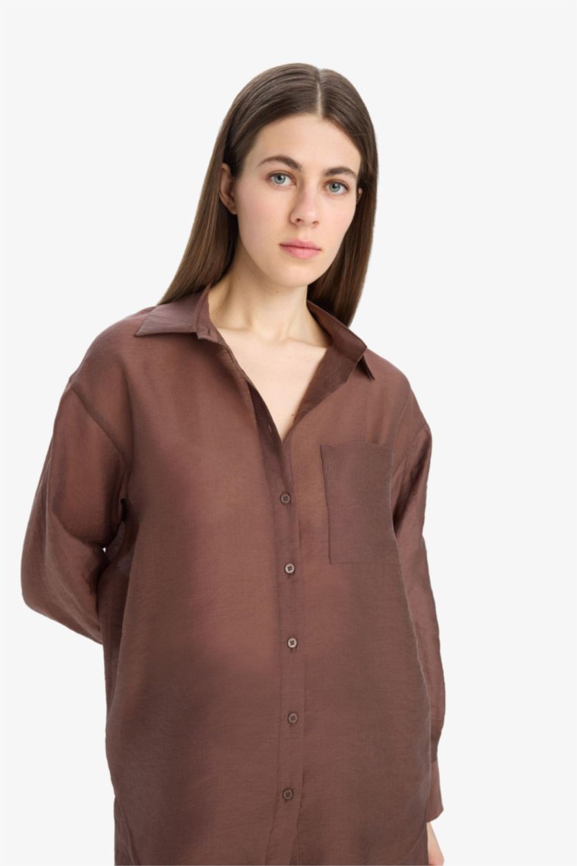 Kadın Kahve Oversize Geniş Kalıp Cepli Modal Uzun Kollu Gömlek