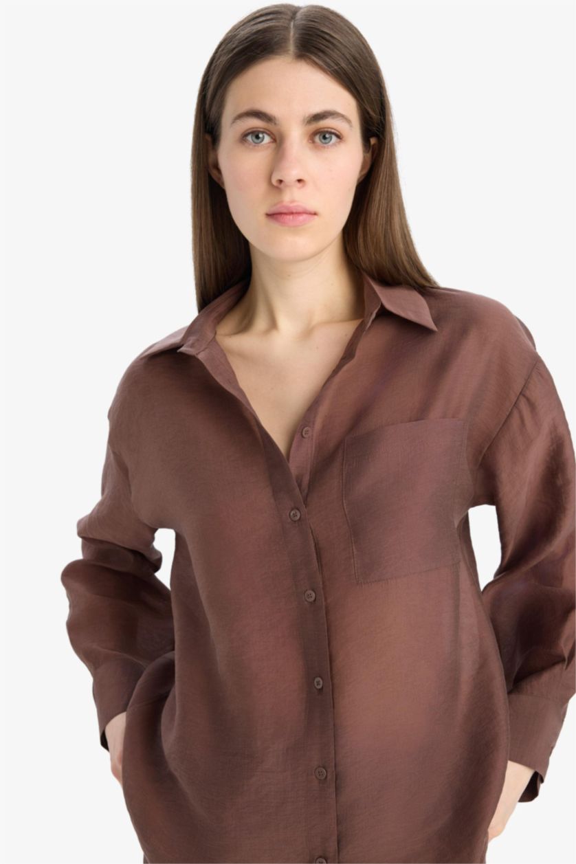 Kadın Kahve Oversize Geniş Kalıp Cepli Modal Uzun Kollu Gömlek