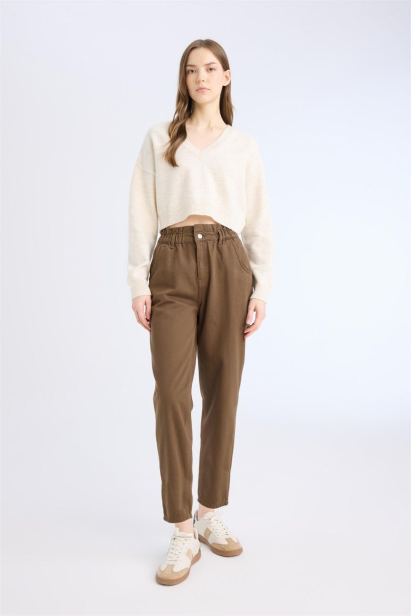 WOMAN Brown Paperbag Elastic Waist Ankle Length Jeans