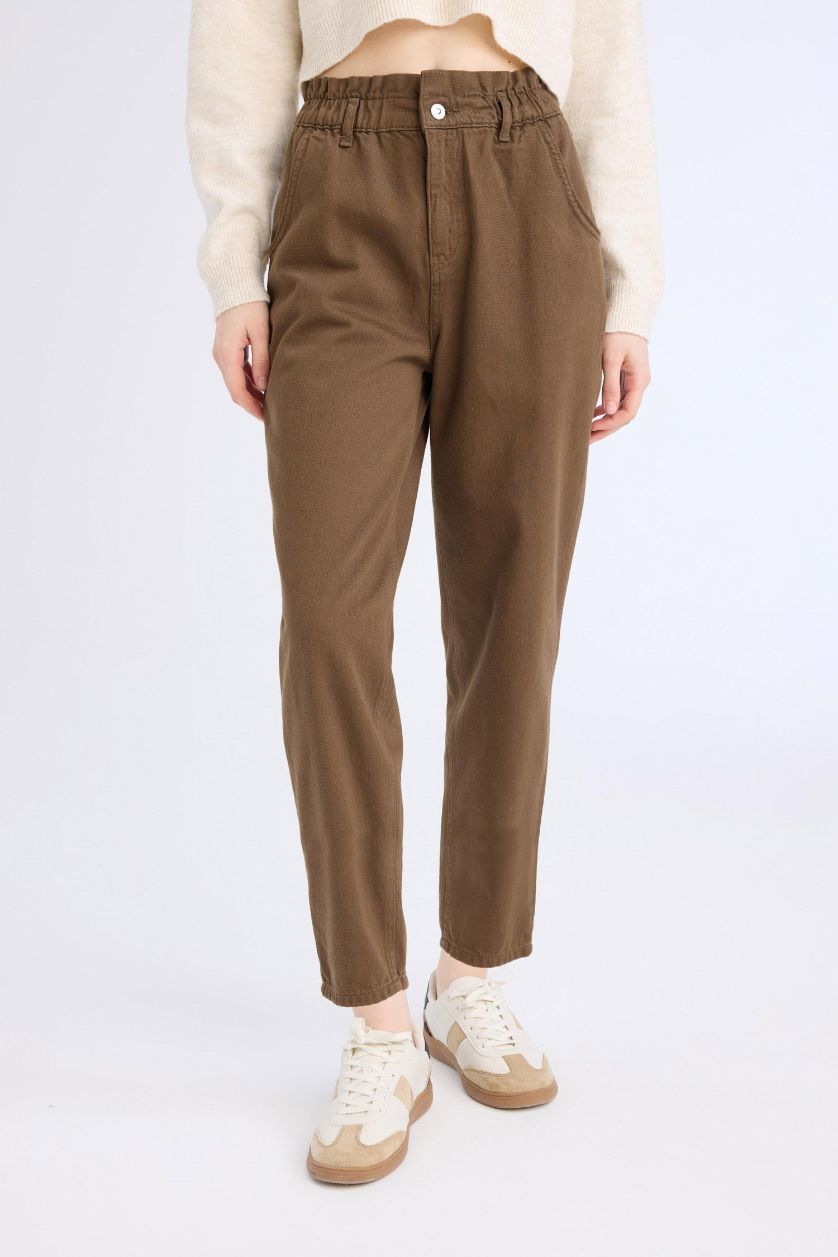 WOMAN Brown Paperbag Elastic Waist Ankle Length Jeans