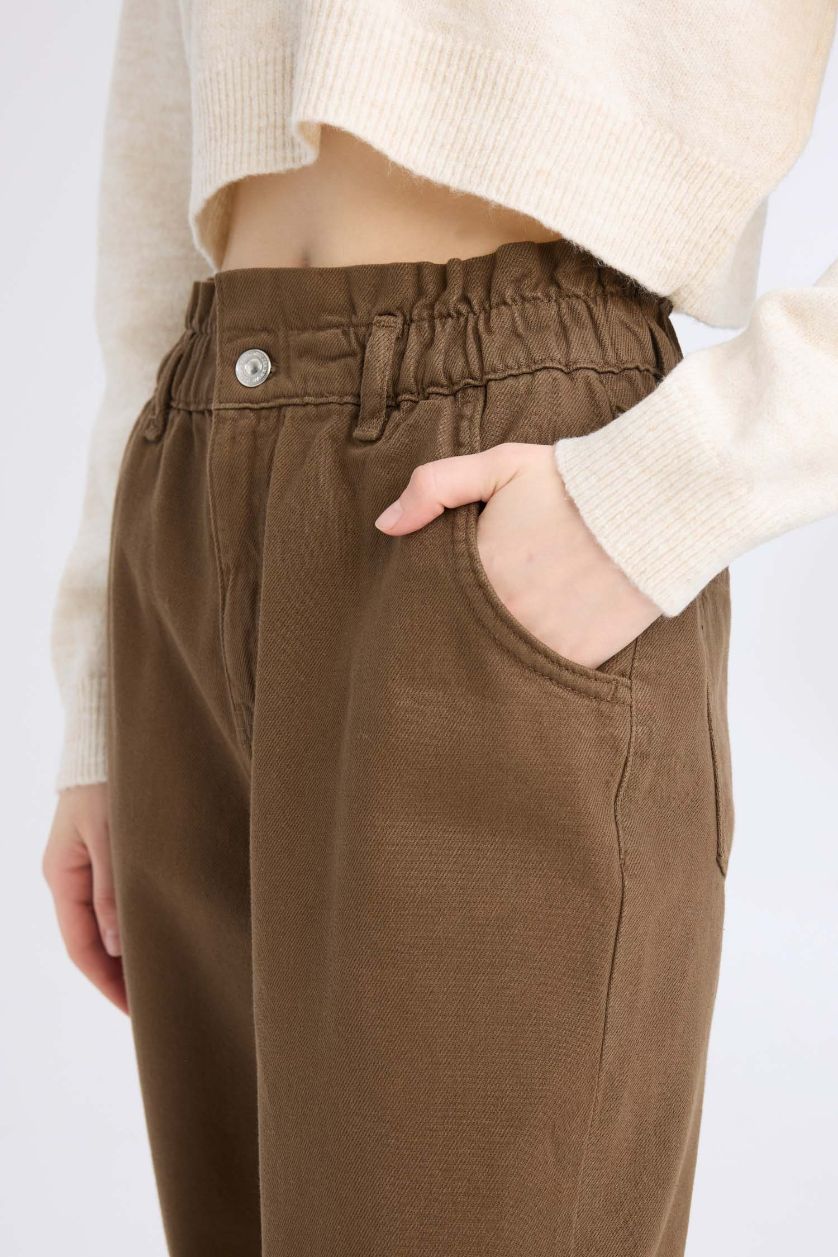 WOMAN Brown Paperbag Elastic Waist Ankle Length Jeans