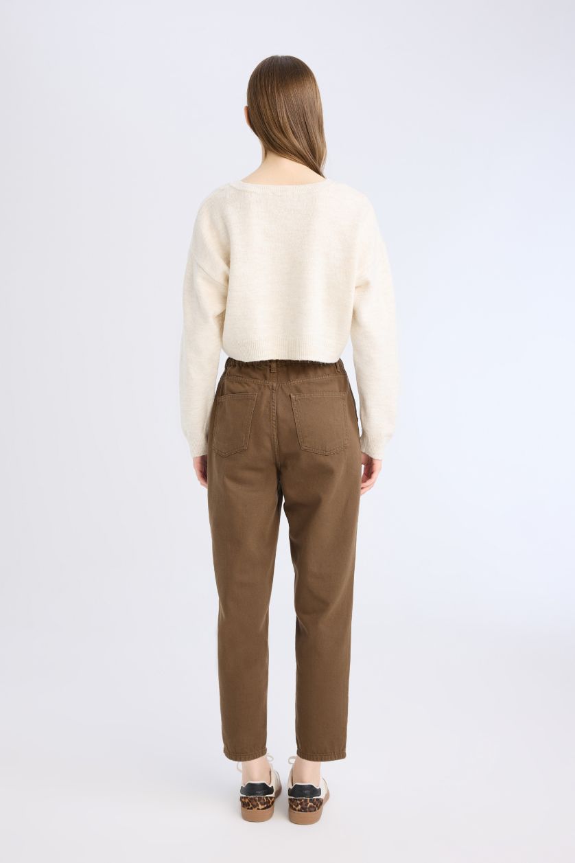 WOMAN Brown Paperbag Elastic Waist Ankle Length Jeans