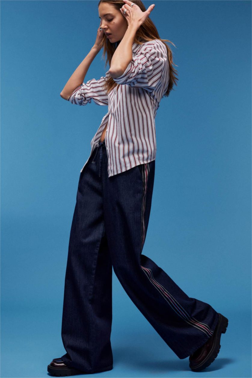 نساء أسود أزرق سروال جينز واسع بخصر عالي