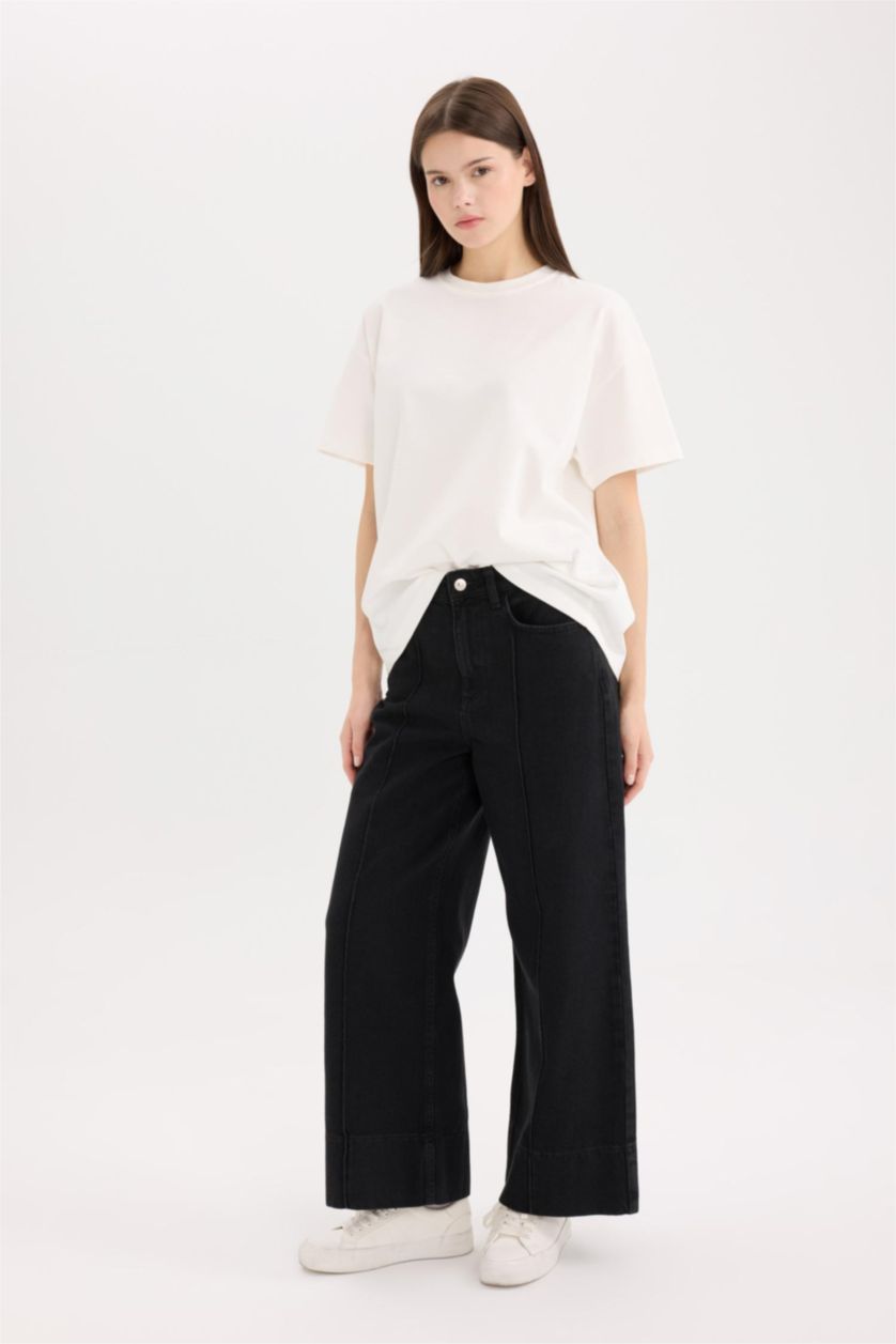 WOMAN Black Short Wide Leg High Waist Crop Washed Jeans