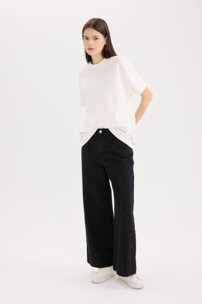 WOMAN Black Short Wide Leg High Waist Crop Washed Jeans