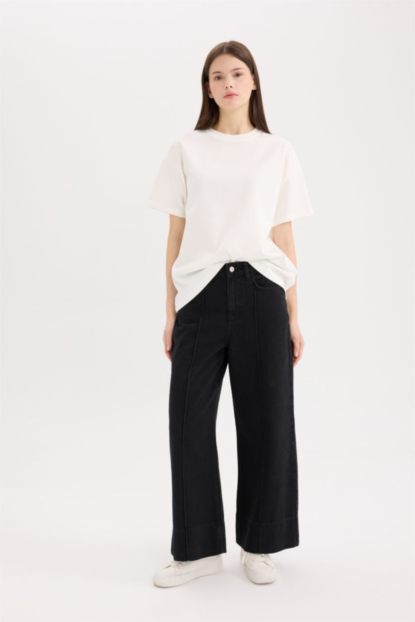 WOMAN Black Short Wide Leg High Waist Crop Washed Jeans