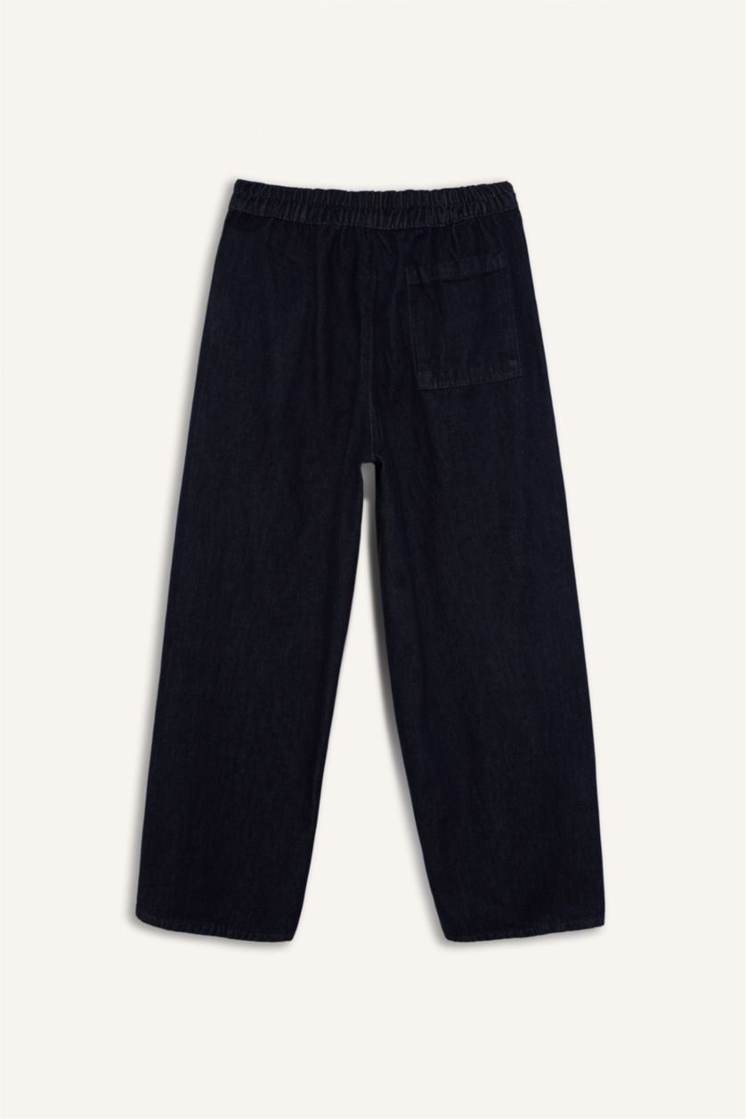 Kadın Mavi Siyah Barrel Fit Beli Lastikli Bilek Boy Cepli Yumuşak Jean Pantolon