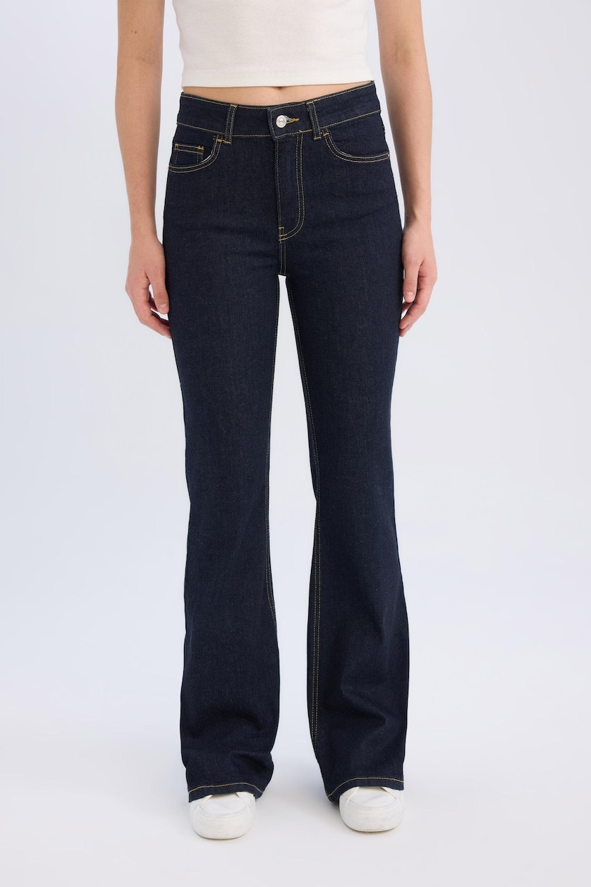 Kadın Mavi Siyah Flare Fit Orta Bel Jean