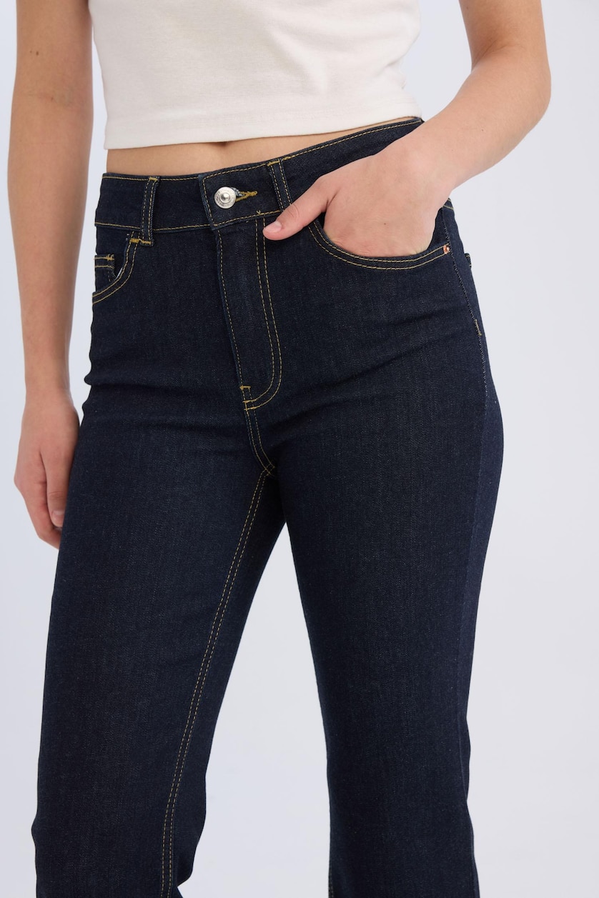 Kadın Mavi Siyah Flare Fit Orta Bel Jean