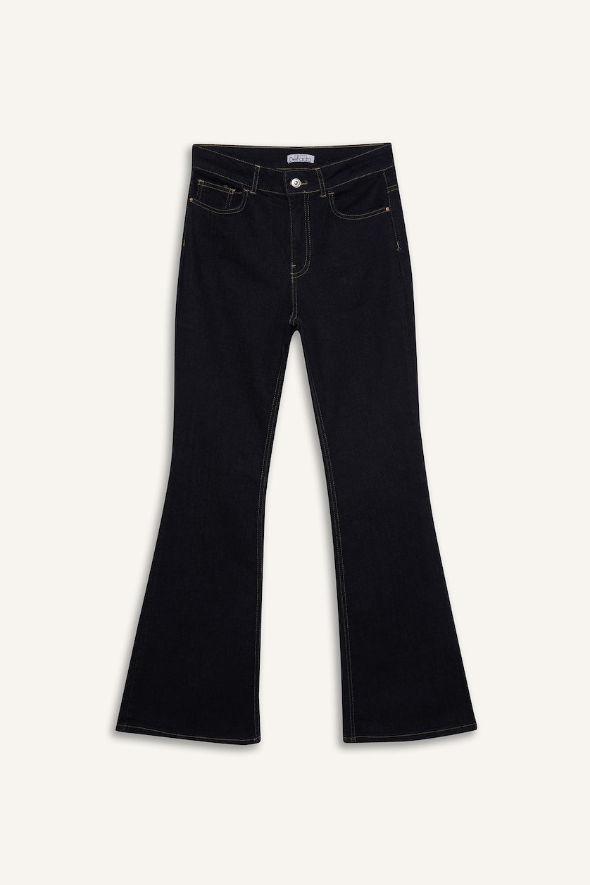 Kadın Mavi Siyah Flare Fit Orta Bel Jean