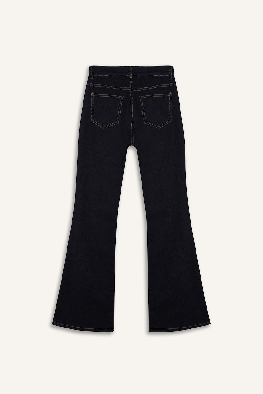 Kadın Mavi Siyah Flare Fit Orta Bel Jean