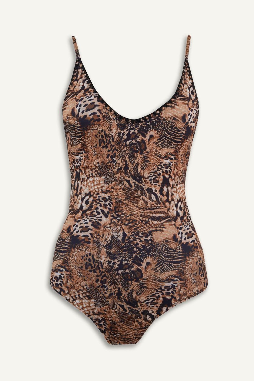 Kadın Siyah Regular Fit Leopar Desenli Mayo