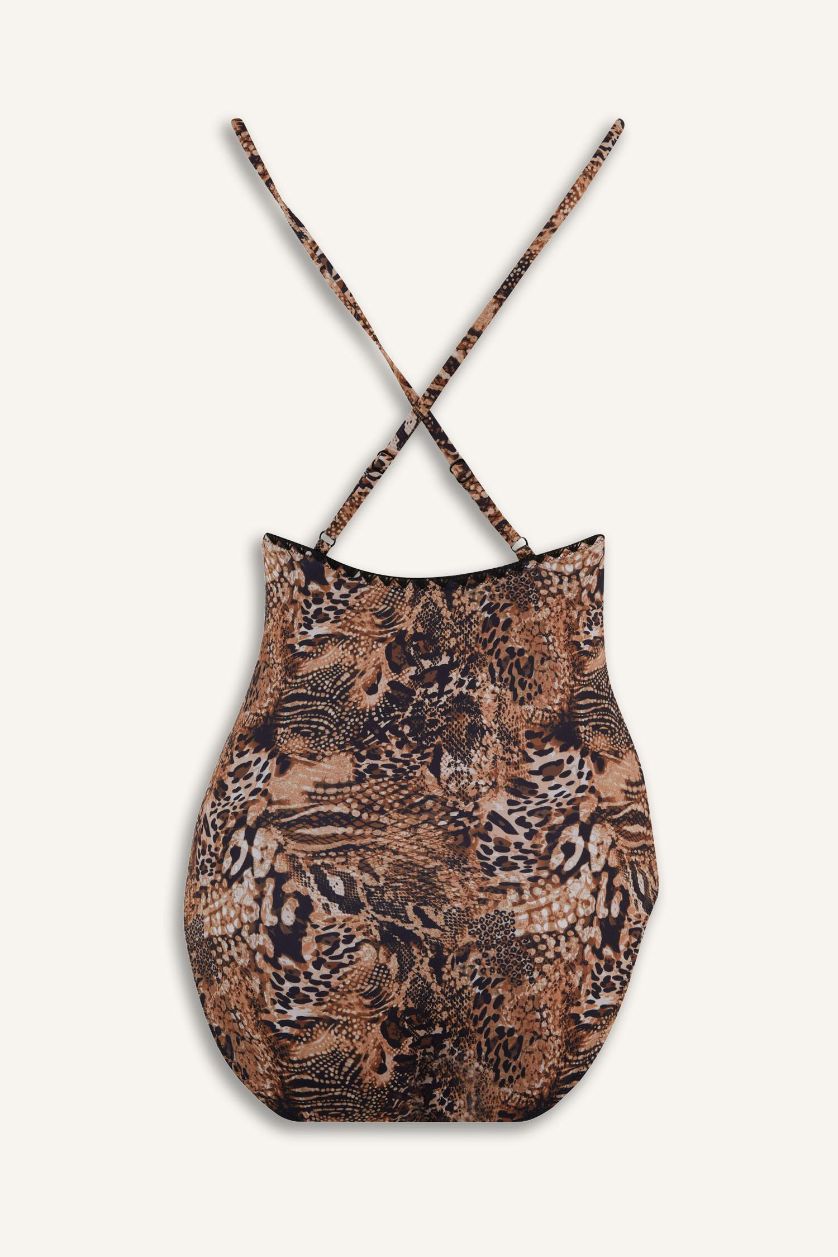 Kadın Siyah Regular Fit Leopar Desenli Mayo