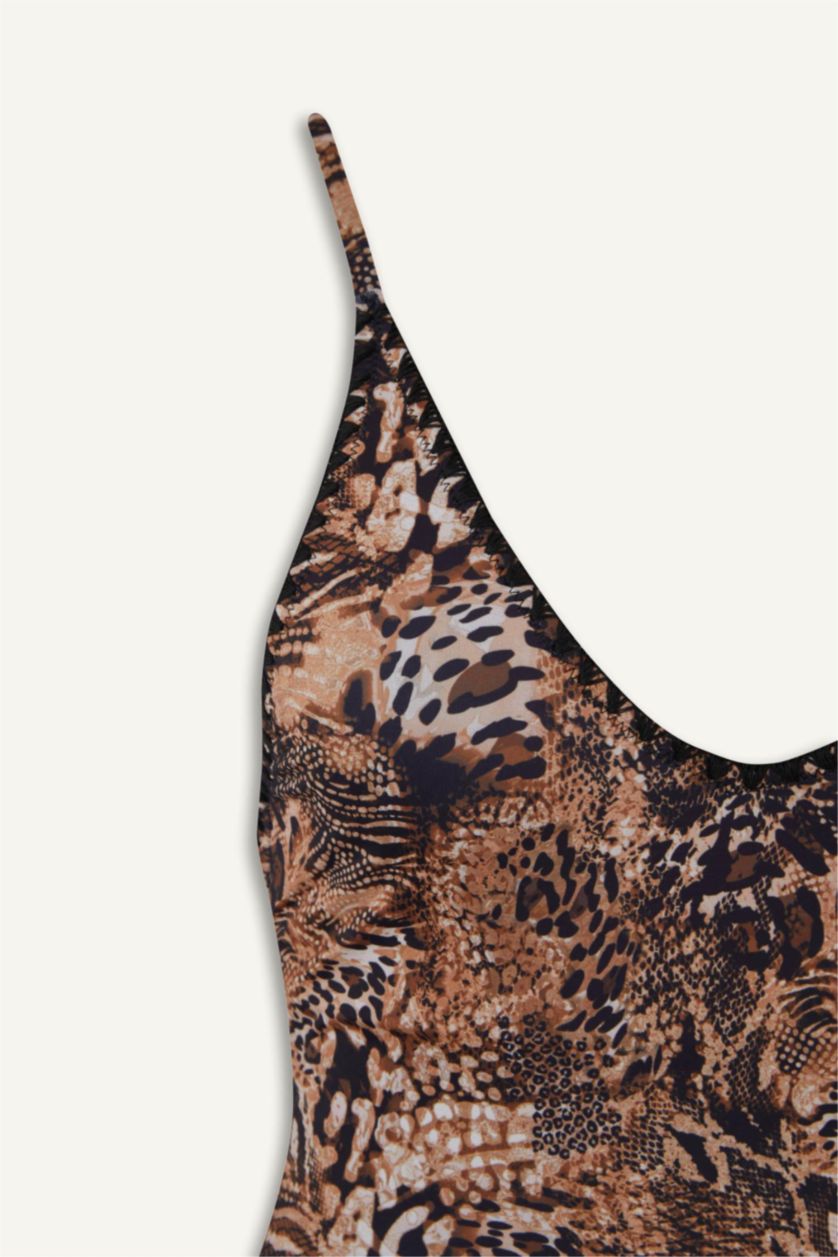 Kadın Siyah Regular Fit Leopar Desenli Mayo