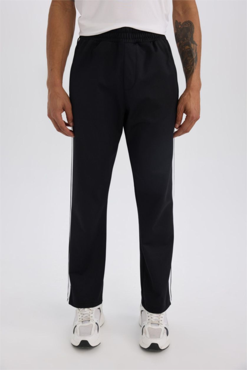 Erkek Siyah Sporcu Jogger Eşofman Altı Standart Fit Standart Paça Skuba Dalgıç Kumaş Beli Lastikli Düz Paça