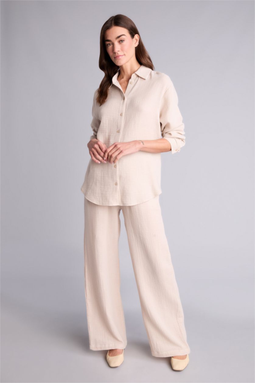 Kadın Bej Wıde Leg Çift Cepli Yüksek Bel Geniş Paça Müslin Pantolon