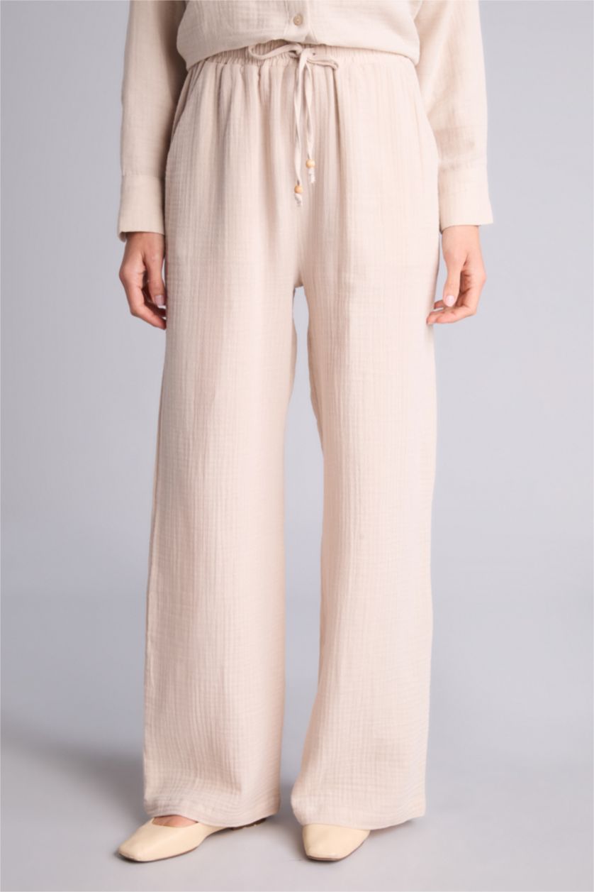 Kadın Bej Wıde Leg Çift Cepli Yüksek Bel Geniş Paça Müslin Pantolon