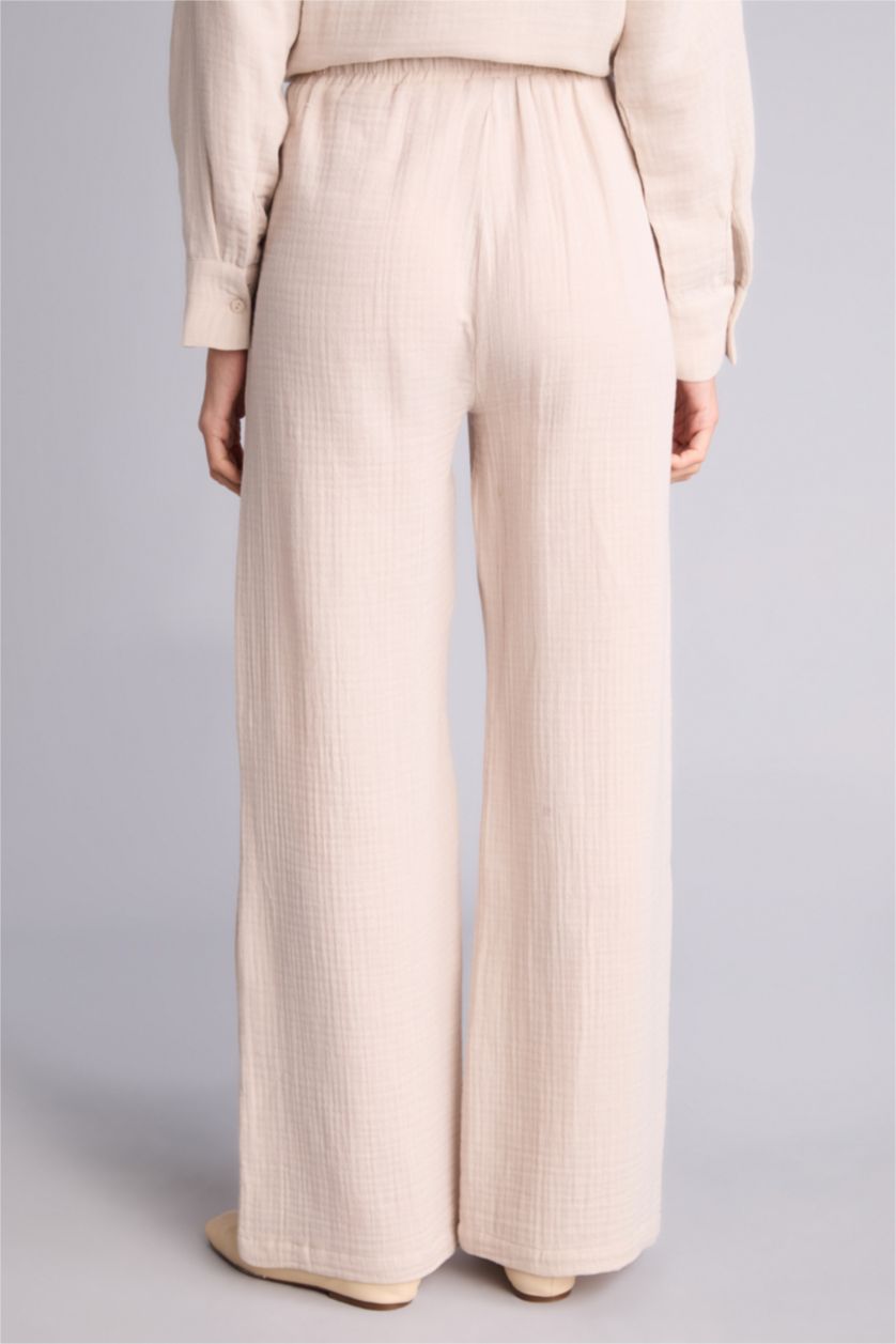 Kadın Bej Wıde Leg Çift Cepli Yüksek Bel Geniş Paça Müslin Pantolon