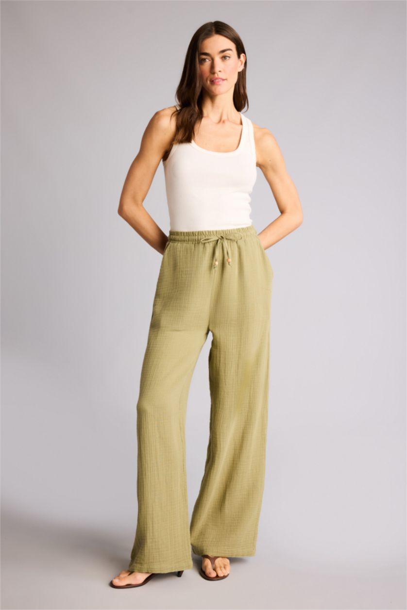 Kadın Açık Haki Wıde Leg Çift Cepli Yüksek Bel Geniş Paça Müslin Pantolon